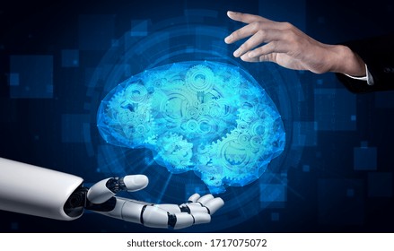 3D rendering artificial intelligence AI research of robot and cyborg development for future of people living. Digital data mining and machine learning technology design for computer brain.