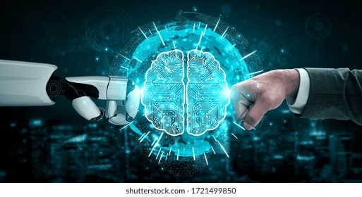 3D rendering artificial intelligence AI research of robot and cyborg development for future of people living. Digital data mining and machine learning technology design for computer brain.