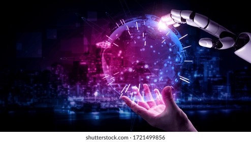 3D rendering artificial intelligence AI research of robot and cyborg development for future of people living. Digital data mining and machine learning technology design for computer brain.