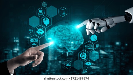3D rendering artificial intelligence AI research of robot and cyborg development for future of people living. Digital data mining and machine learning technology design for computer brain.