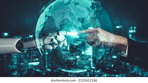 3D rendering artificial intelligence AI research of droid robot and cyborg development for future of people living. Digital data mining and machine learning technology design for computer brain.