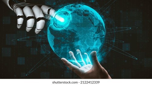 3D rendering artificial intelligence AI research of droid robot and cyborg development for future of people living. Digital data mining and machine learning technology design for computer brain.