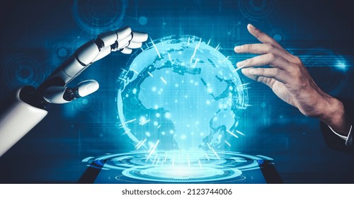 3D rendering artificial intelligence AI research of droid robot and cyborg development for future of people living. Digital data mining and machine learning technology design for computer brain.
