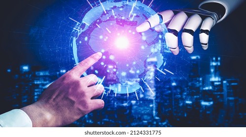 3D rendering artificial intelligence AI research of droid robot and cyborg development for future of people living. Digital data mining and machine learning technology design for computer brain.