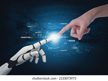 3D rendering artificial intelligence AI robot finger making contact with human hand and cyborg development for future of people living. Digital data mining and machine learning technology. - Shutterstock ID 2133073973