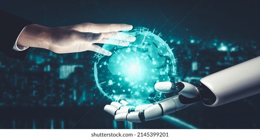 3D rendering artificial intelligence AI research of droid robot and cyborg development for future of people living. Digital data mining and machine learning technology design for computer brain.
