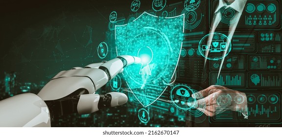 3D Rendering Artificial Intelligence AI Research Of Droid Robot And Cyborg Development For Future Of People Living. Digital Data Mining And Machine Learning Technology Design For Computer Brain.