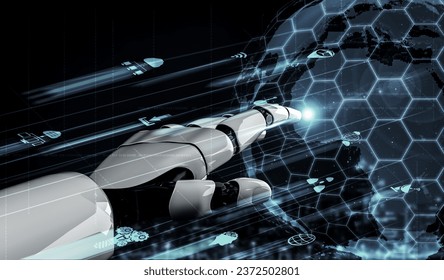3D rendering artificial intelligence AI research of robot and cyborg development for future of people living. Digital data mining and machine learning technology design for computer brain.