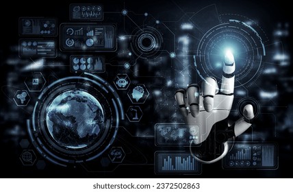 3D rendering artificial intelligence AI research of robot and cyborg development for future of people living. Digital data mining and machine learning technology design for computer brain.