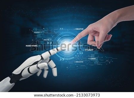 3D rendering artificial intelligence AI robot finger making contact with human hand and cyborg development for future of people living. Digital data mining and machine learning technology.