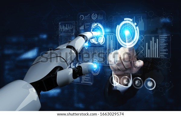 3D\
rendering artificial intelligence AI research of robot and cyborg\
development for future of people living. Digital data mining and\
machine learning technology design for computer\
brain.