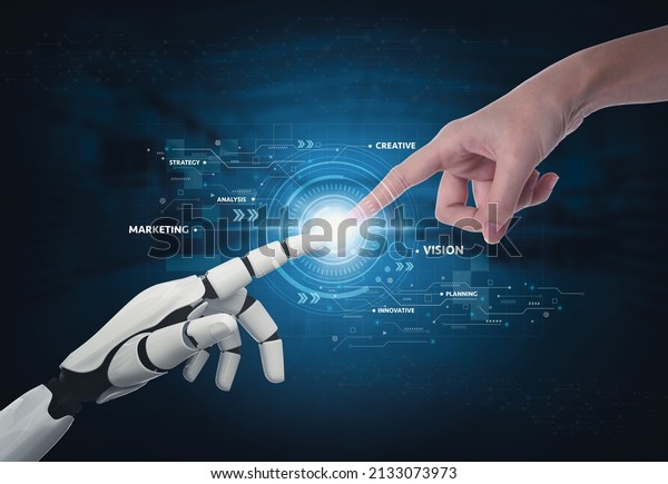 3D\
rendering artificial intelligence AI robot finger making contact\
with human hand and cyborg development for future of people living.\
Digital data mining and machine learning\
technology.
