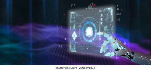 3D rendering artificial intelligence AI-Robot hand touching virtual screen interface icons-technology development-dark background - Powered by Shutterstock - Get 15% off with code: PIKWIZARD15