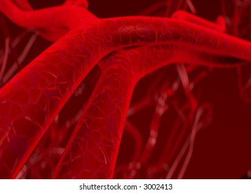 3D rendering blood arteries. Focus in the middle of artery while distant arteries and veins are out of focus.