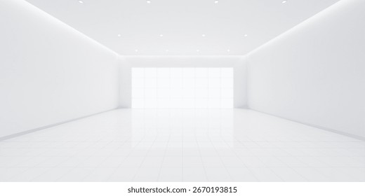 3d rendering of blur background or blur white empty space in room include tile floor in perspective view, light of window. Modern luxury interior home design of living room look clean, bright, shiny.
