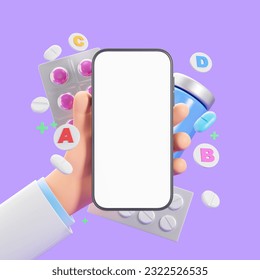 3d rendering. Cartoon character doctor hand with mock up smartphone, drugs and pills with vitamins flying. Concept of online pharmacy, mobile app and purchase. 3D rendering illustration - Powered by Shutterstock