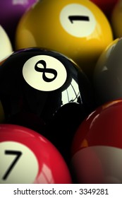 3D rendering of colorful pool balls (shallow DOF - focus on the 8 ball)