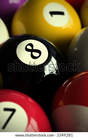 3D rendering of colorful pool balls (shallow DOF - focus on the 8 ball)