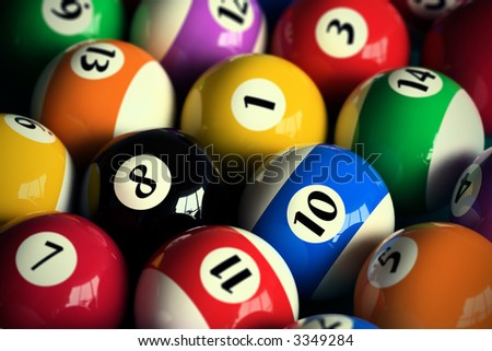 3D rendering of colorful pool balls (shallow DOF - focus on the 8 ball)