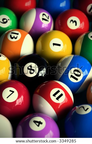 3D rendering of colorful pool balls (shallow DOF - focus on the 8 ball)
