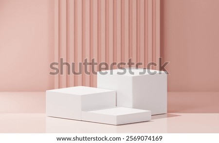 3d rendering concept. 3 white cube boxes with varying heights, impatiens pink background, striped embossed pattern background