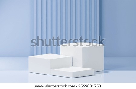 3d rendering concept. 3 white cube boxes with varying heights, buoyant blue background, striped embossed pattern background