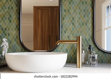 3d rendering. Corner of hotel bathroom with green tiled walls, large mirror and white washbasin. Classic style. 3d rendering