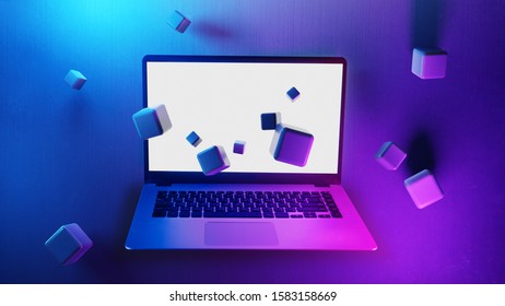 3d rendering cube with laptop background