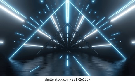 3d rendering of dark abstract sci-fi tunnel, Futuristic triangle spaceship corridor.