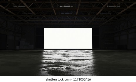 3d Rendering Of Dark Empty Factory Interior Or Empty Warehouse, A Glowing White Screen In The Middle