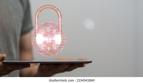A 3d rendering design of a digital lock on a tablet in young man's hands, security concept