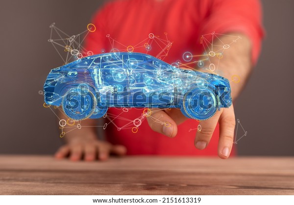 A 3d rendering design of a man\
interacting with autonomous driving with a electric\
car