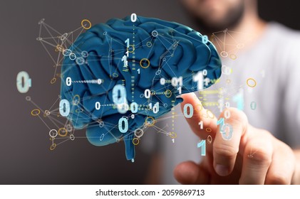 A 3D rendering of digital brain with hand touching it from behind-brain network and digital IQ concept