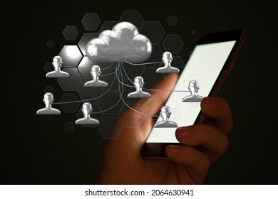 A 3D rendering of digital cloud and human icons beside a m- data storage concept