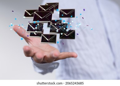A 3D rendering of digital envelopes floating on hand- online communication concept