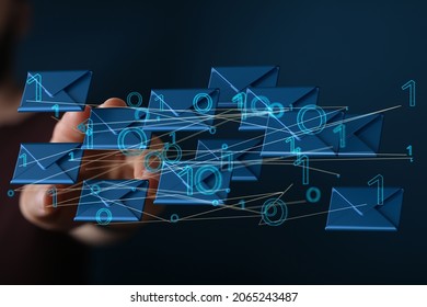 A 3D rendering of digital envelopes with hand touching it from behind- online communication concept