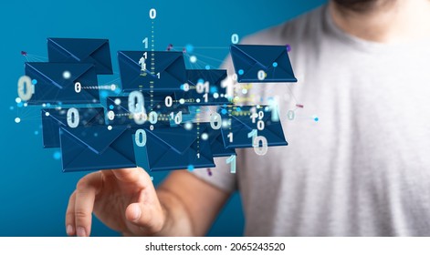 A 3D rendering of digital envelopes with hand touching it from behind- online communication concept