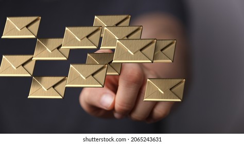 A 3D rendering of digital envelopes with hand touching it from behind- online communication concept