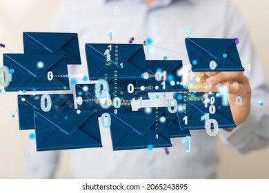 A 3D rendering of digital envelopes with hand touching it from behind- online communication concept