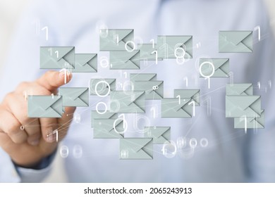 A 3D rendering of digital envelopes with hand touching it from behind- online communication concept
