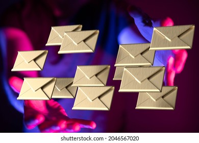 A 3D rendering of digital envelopes with hands on background- Electronic Communication Concept