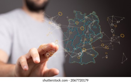 A 3D rendering of digital Germany map floating on human hands- internet and global connection concept