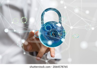 A 3D rendering of digital padlock with binary codes on a hand- concept for cybersecurity and information or network protection