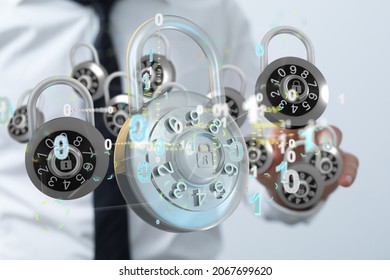 A 3D rendering of a digital padlock with binary codes on a hand- concept for cybersecurity and information or network protection