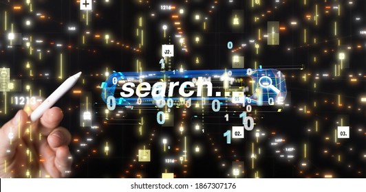 A 3D Rendering Of The Digital Search Bar With A Real Person Touching It