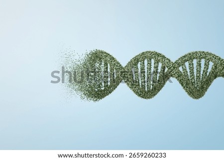 3D rendering of DNA spiral molecules covered in green plants and