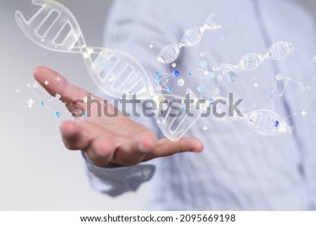A 3d rendering of DNA strands hologram on a genetic engineer's palm