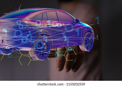 3d Rendering Of An Electric Car Hologram With A Hand Touching It From Behind - The Concept Of Electric Cars, Future And Safety