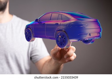 3d Rendering Of An Electric Car Hologram With A Hand Touching It From Behind - The Concept Of Electric Cars, Future And Safety