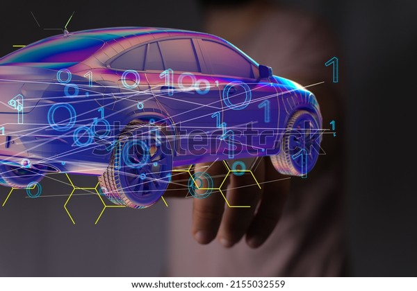 3d rendering of an electric car hologram with a
hand touching it from behind - The concept of electric cars, future
and safety